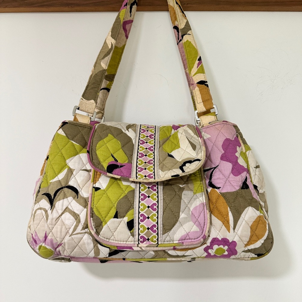 Vera Bradley Plum Petals Quilted Cotton Triple Zip Shoulder Bag Floral Women L